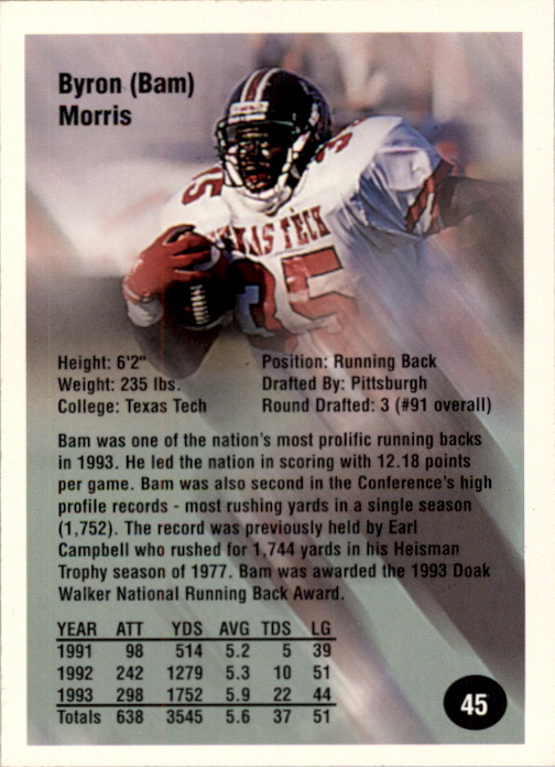 1994 Superior Rookies Autographs #45 Byron Bam Morris/5000 back image