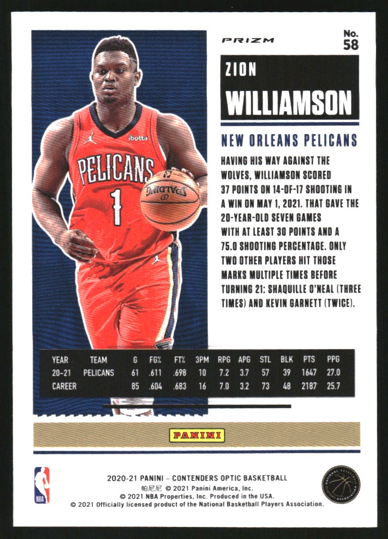 2020-21 Panini Contenders Optic Red Wave #58 Zion Williamson