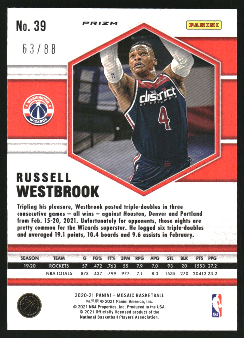 2020-21 Panini Mosaic Mosaic Choice Fusion Red and Yellow #39 Russell Westbrook