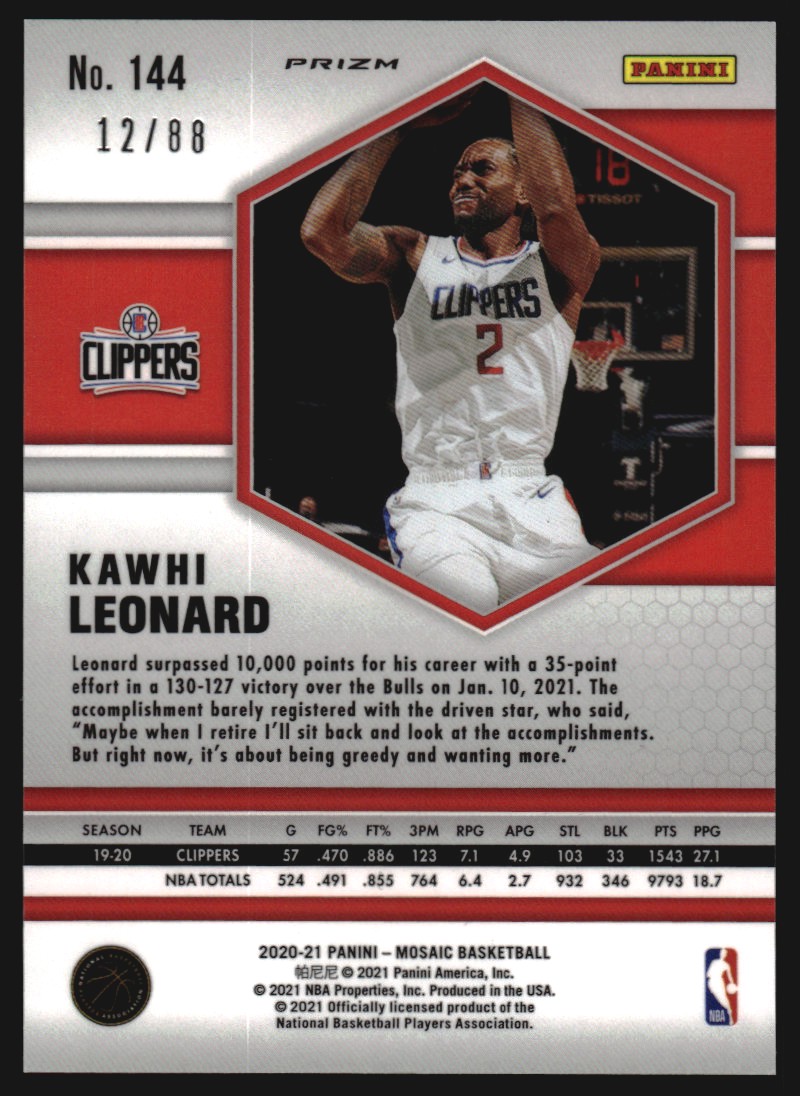 2020-21 Panini Mosaic Mosaic Choice Fusion Red and Yellow #144 Kawhi Leonard