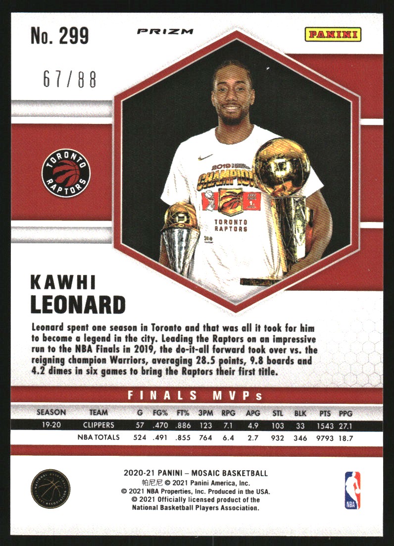 2020-21 Panini Mosaic Mosaic Choice Fusion Red and Yellow #299 Kawhi Leonard