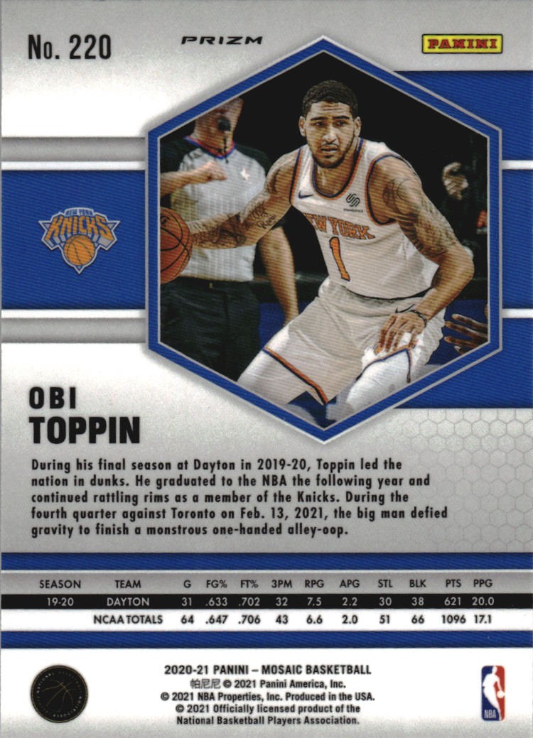 2020-21 Panini Mosaic Mosaic Fast Break Silver #220 Obi Toppin