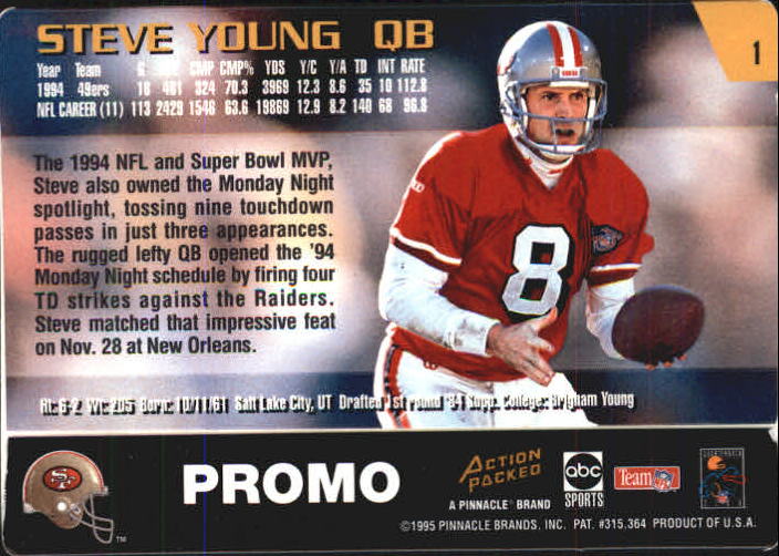 1995 Action Packed Monday Night Football Promos #1 Steve Young back image