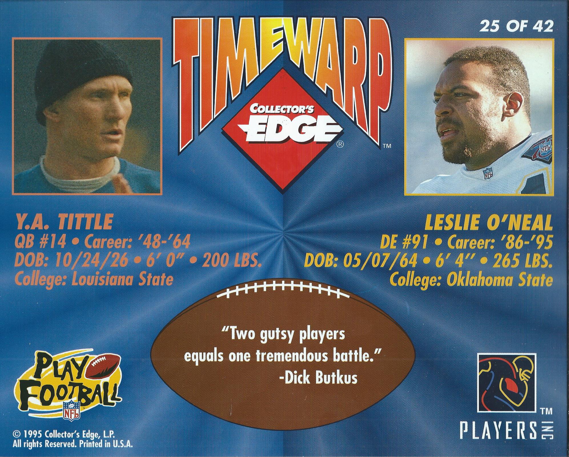 1995 Collector's Edge TimeWarp Jumbos #25 Y.A.Tittle/Leslie O'Neal back image