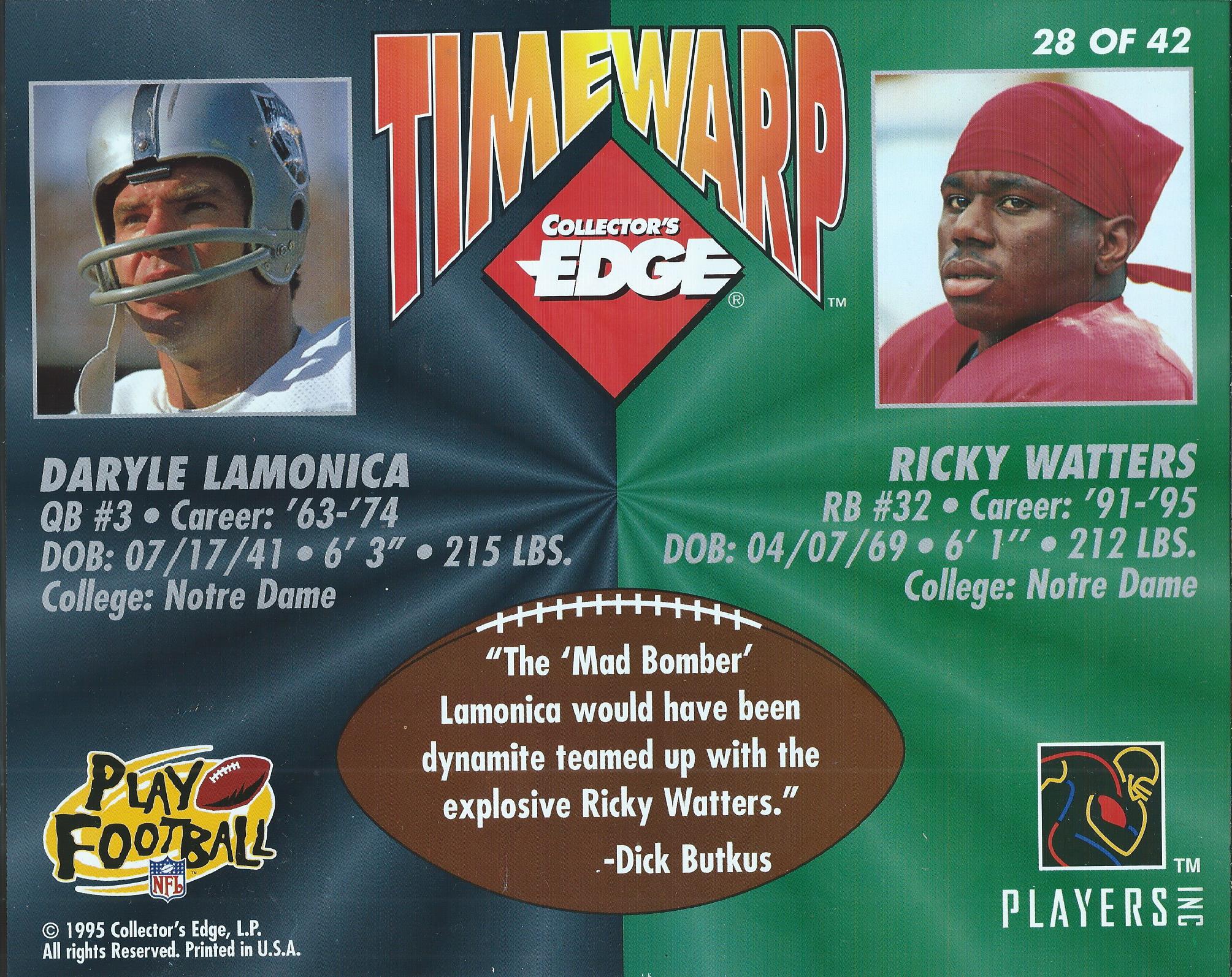 1995 Collector's Edge TimeWarp Jumbos #28 Daryle Lamonica/Ricky Watters back image