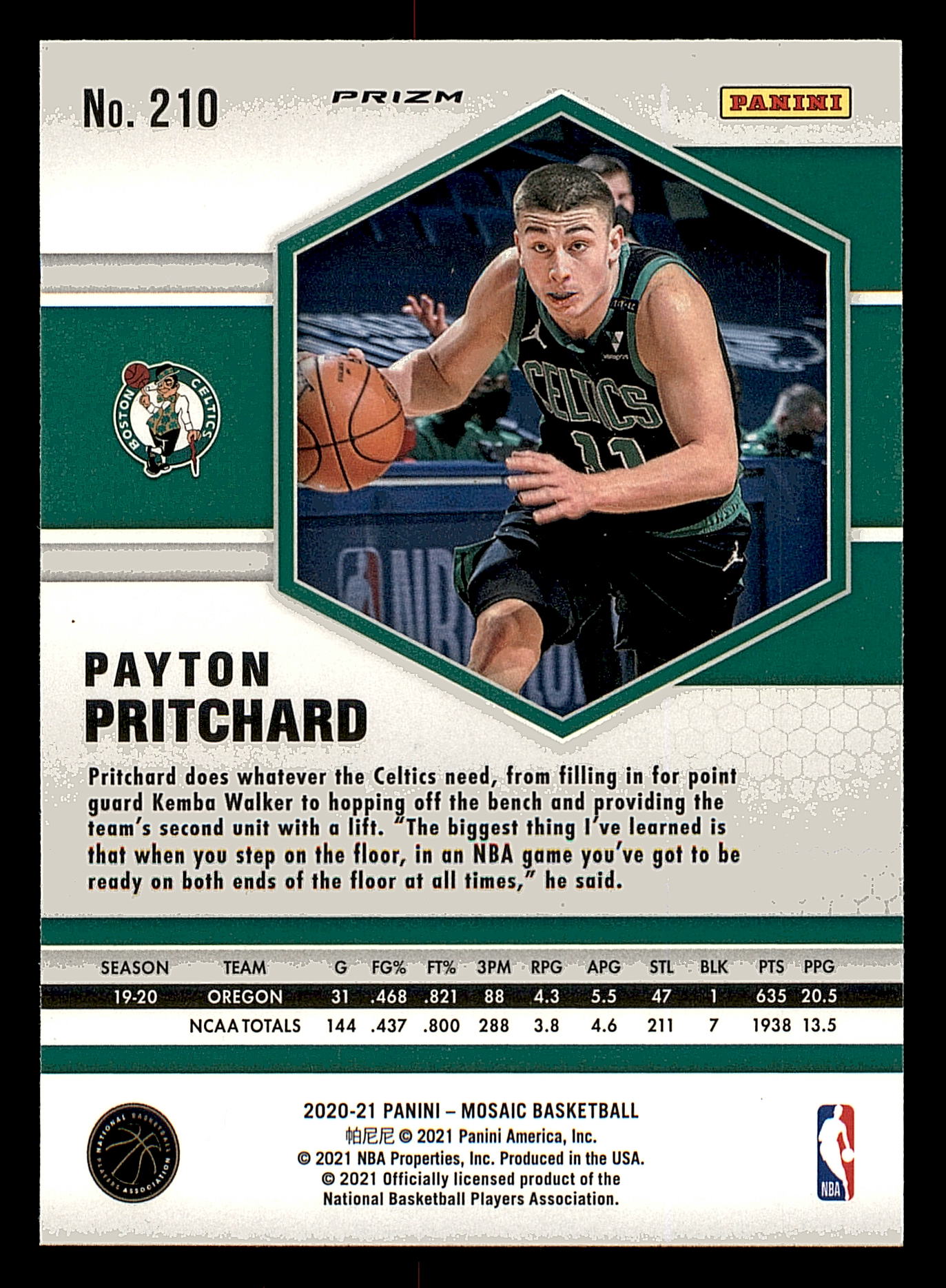 2020-21 Panini Mosaic Mosaic Reactive Orange #210 Payton Pritchard back image