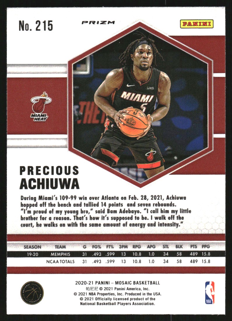 2020-21 Panini Mosaic Mosaic Reactive Red #215 Precious Achiuwa