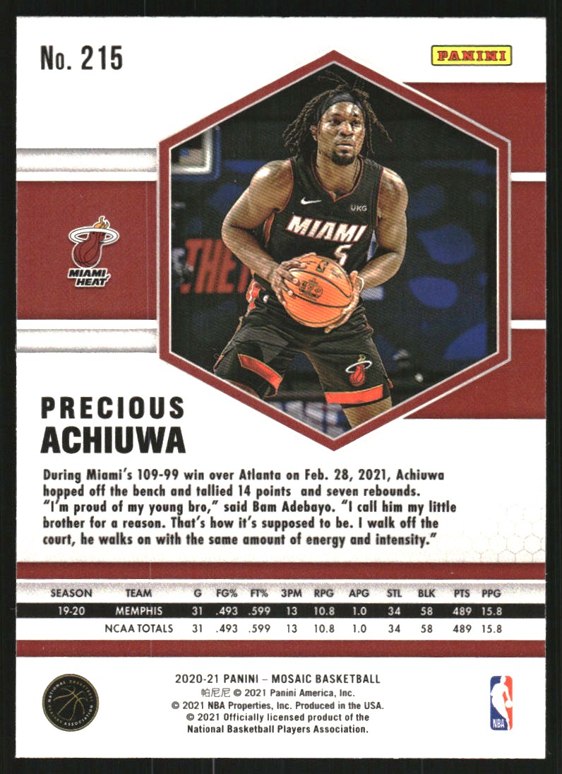 2020-21 Panini Mosaic Silver #215 Precious Achiuwa