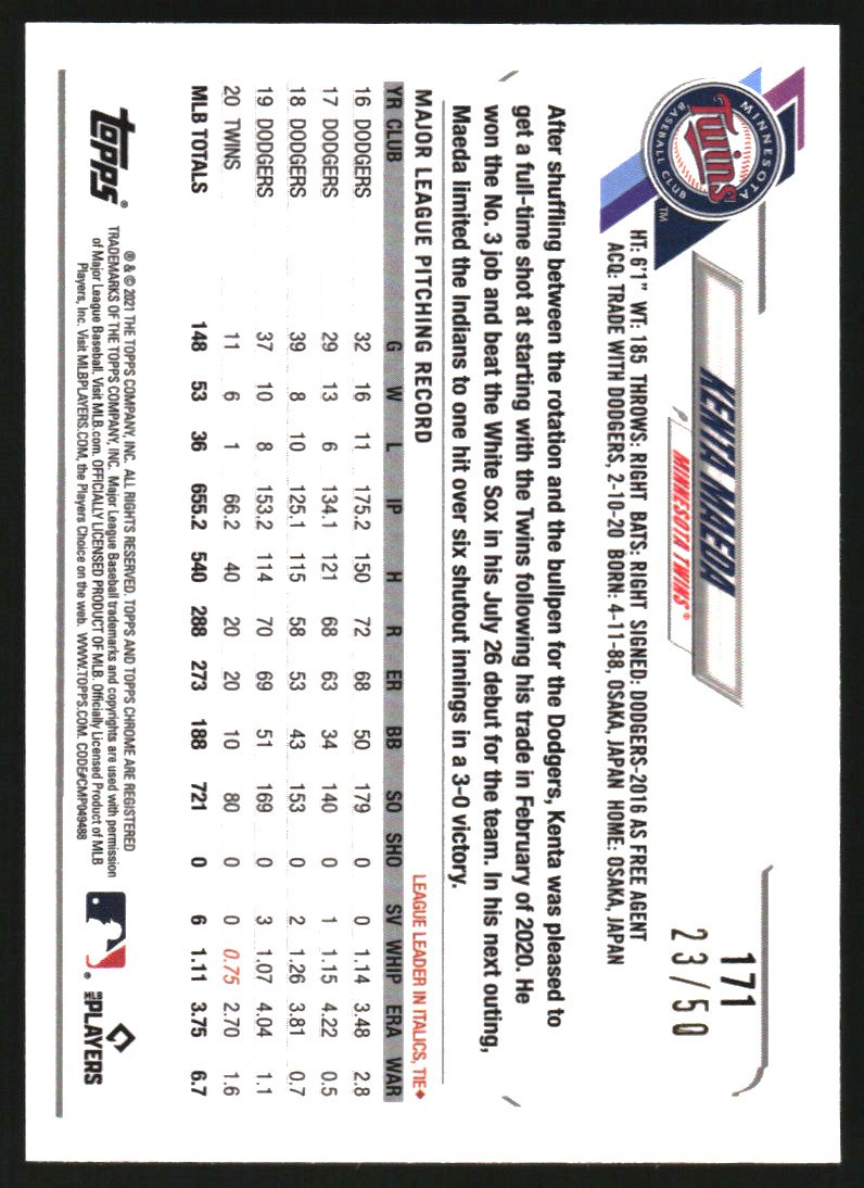 2021 Topps Chrome Ben Baller Gold Refractors #171 Kenta Maeda