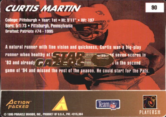 1995 Action Packed Rookies/Stars Stargazers #90 Curtis Martin back image