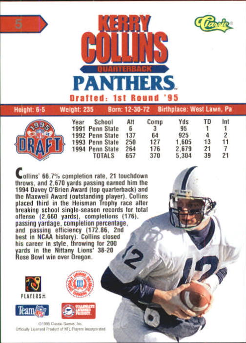 1995 Classic NFL Rookies Printer's Proofs #5 Kerry Collins back image