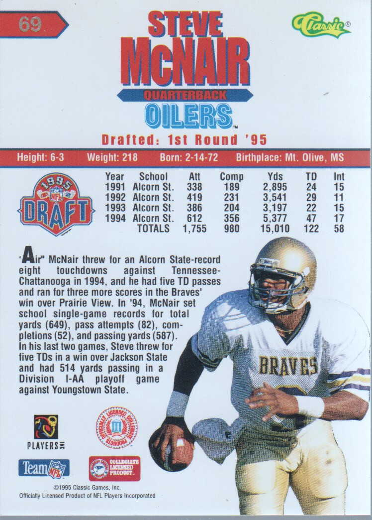 1995 Classic NFL Rookies Printer's Proofs Silver #69 Steve McNair back image