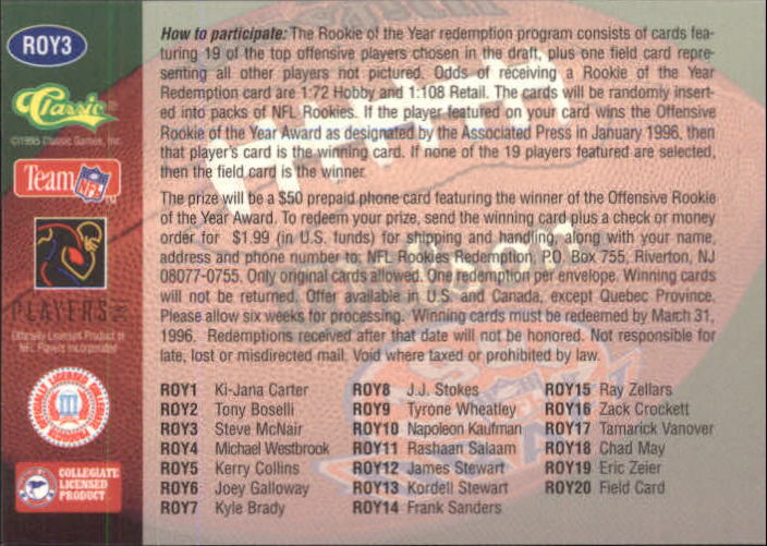 1995 Classic NFL Rookies ROY Redemption #3 Steve McNair back image
