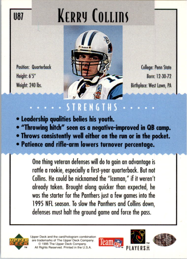 1995 Collector's Choice Update Silver #U87 Kerry Collins K back image