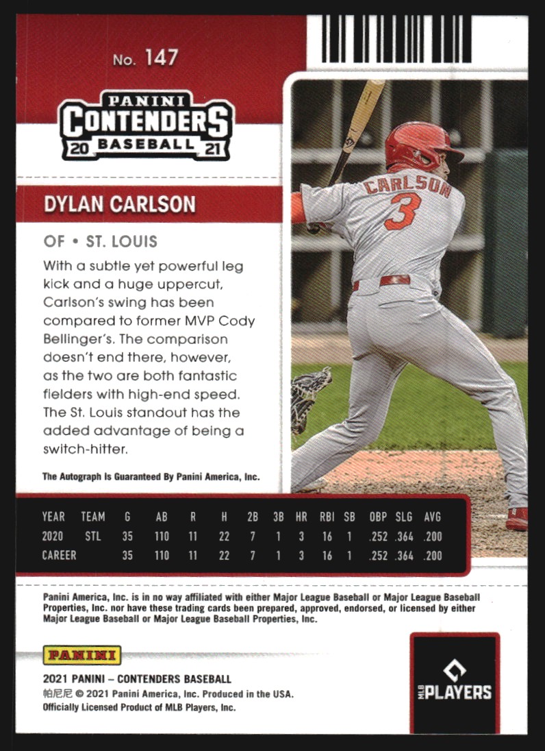 2021 Panini Contenders Draft Ticket Blue #147 Dylan Carlson AU/99 back image