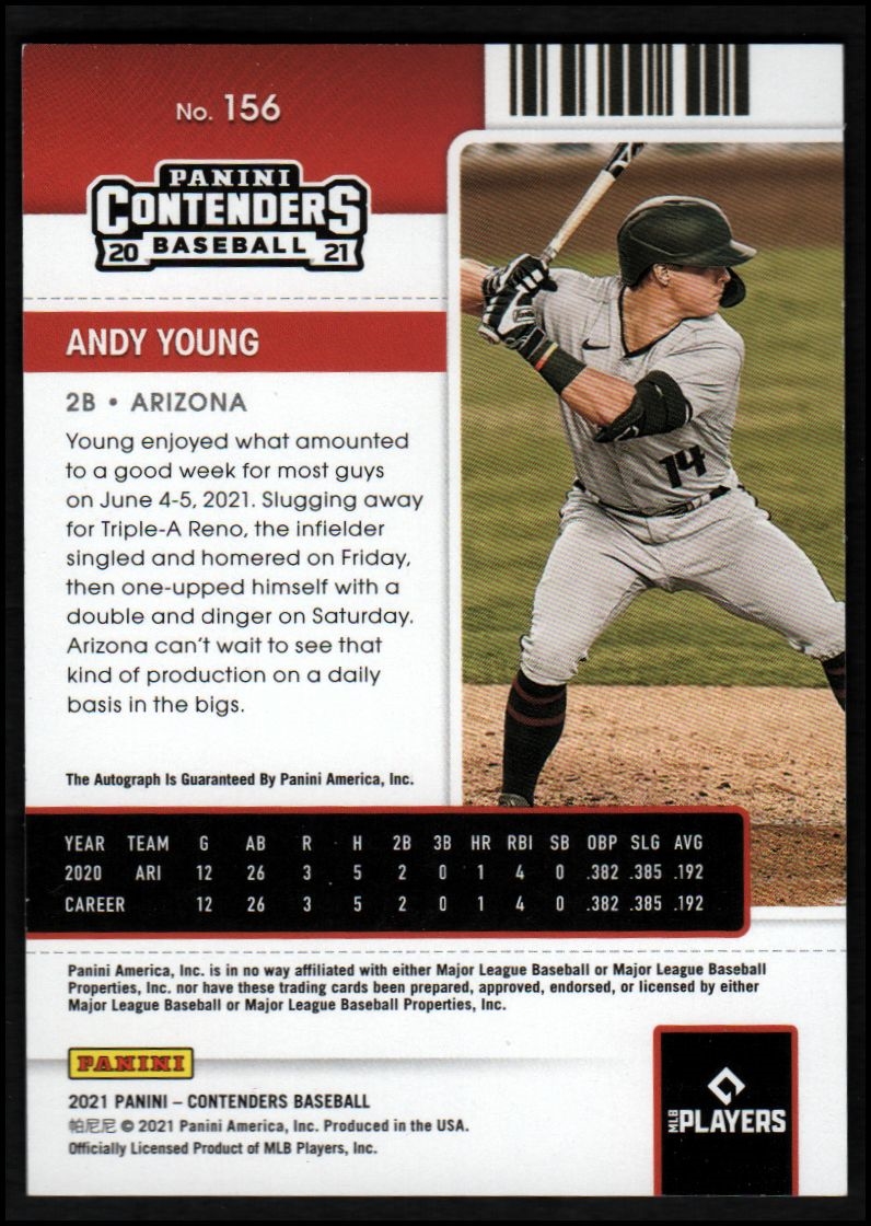 2021 Panini Contenders Draft Ticket Blue #156 Andy Young AU/99 back image