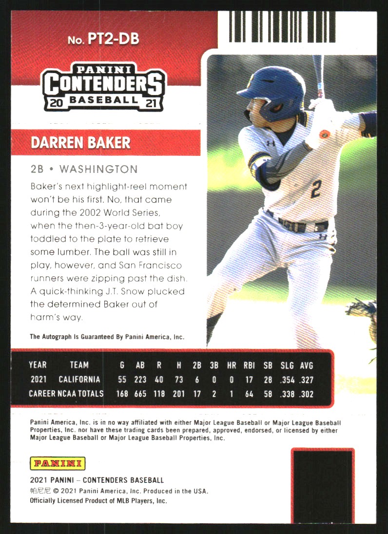 2021 Panini Contenders Prospect Ticket Autographs 2 Blue #10 Darren Baker
