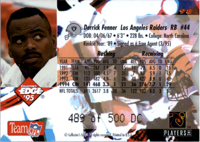 1995 Collector's Edge 22K Gold Die Cuts #98 Derrick Fenner back image