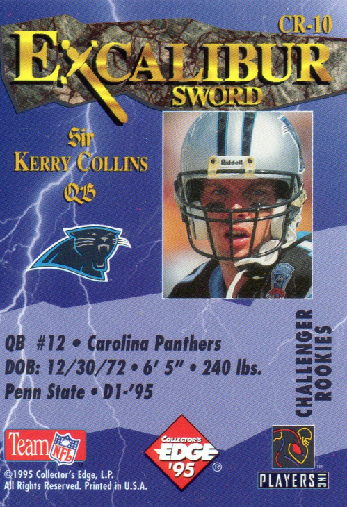 1995 Excalibur Challengers Draft Day Rookie Redemption Prizes Gold #DD10 Kerry Collins back image