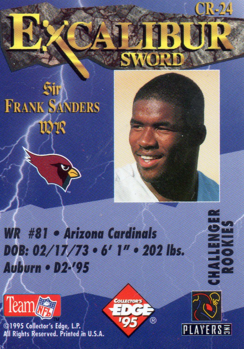 1995 Excalibur Challengers Draft Day Rookie Redemption Prizes Gold #DD24 Frank Sanders back image