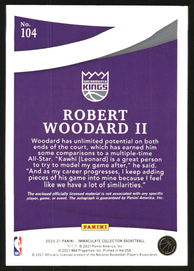 2020-21 Immaculate Collection #104 Robert Woodard II JSY AU RC