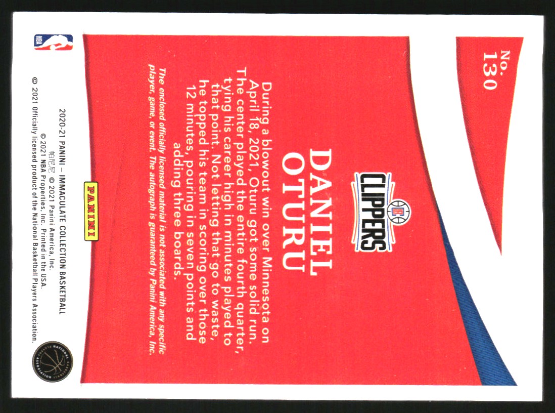 2020-21 Immaculate Collection #130 Daniel Oturu JSY AU RC