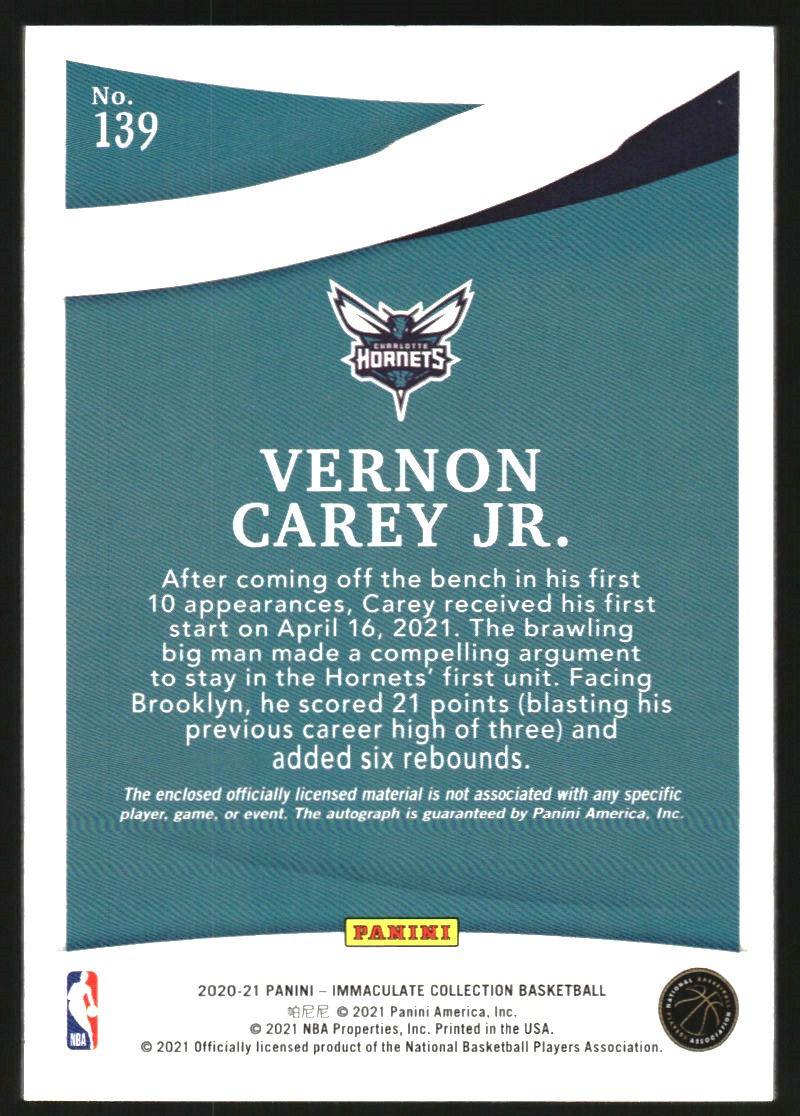 2020-21 Immaculate Collection #139 Vernon Carey Jr. JSY AU RC