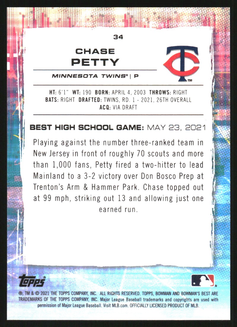 2021 Bowman's Best Blue Refractors #34 Chase Petty