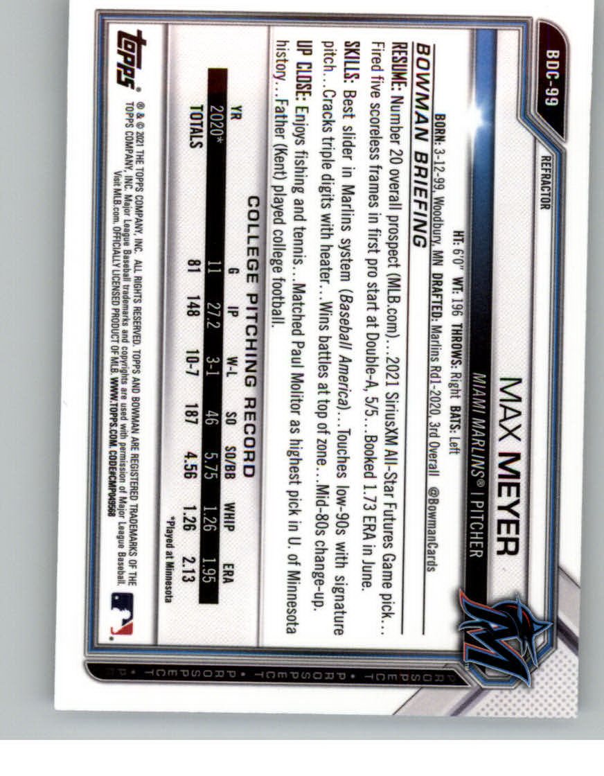 2021 Bowman Chrome Draft Refractors #BDC99 Max Meyer back image