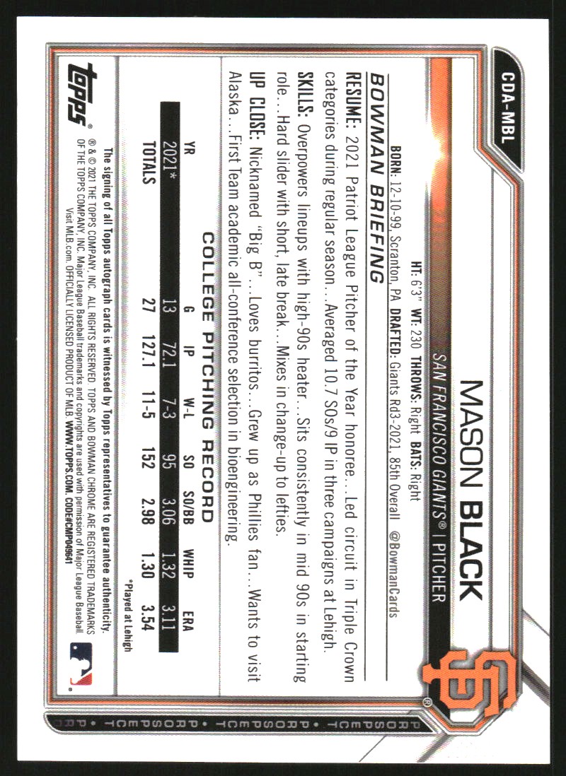 2021 Bowman Chrome Draft Autographs Green Refractors #CDAMBL Mason Black