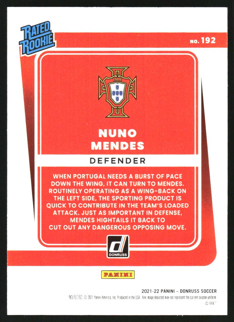 2021-22 Donruss Orange Laser Holo #192 Nuno Mendes RR