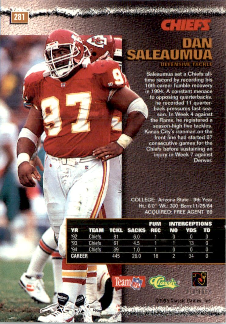 1995 Pro Line Printer's Proofs #281 Dan Saleaumua back image