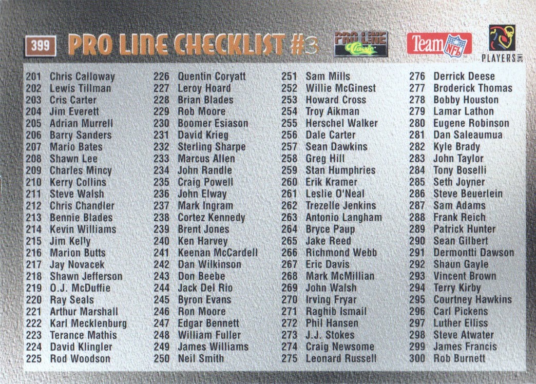 1995 Pro Line Silver #399 Checklist #3 (201-300) back image