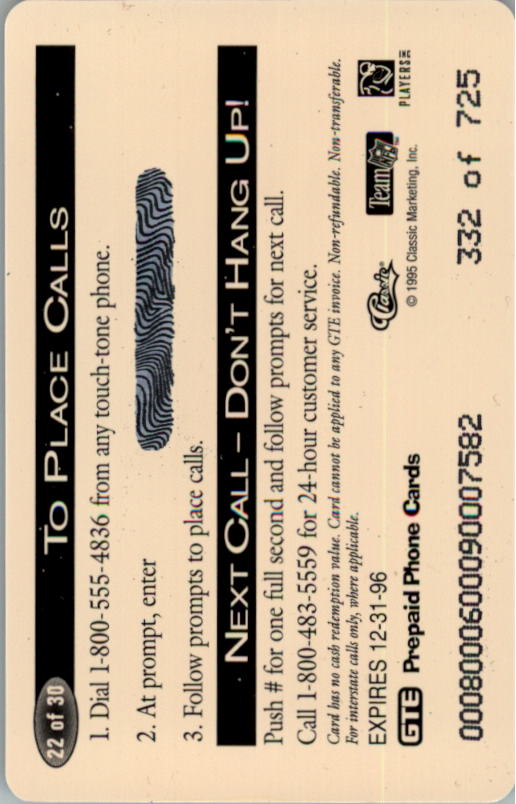 1995 Pro Line Phone Cards $1 Printer's Proofs #22 Steve McNair back image