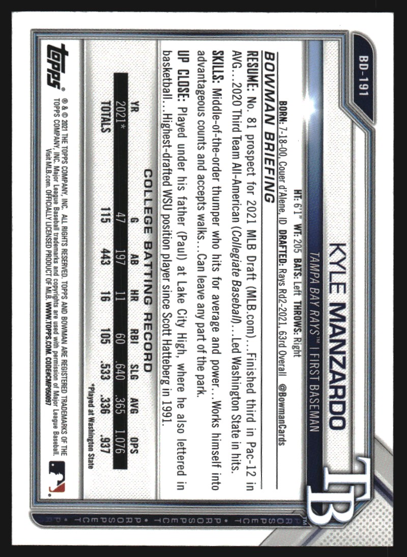 2021 Bowman Draft 1st Edition Sky Blue Foil #BD191 Kyle Manzardo