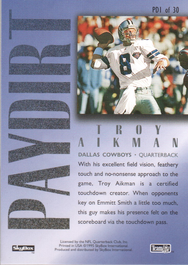 1995 SkyBox Premium Paydirt Gold #PD1 Troy Aikman back image
