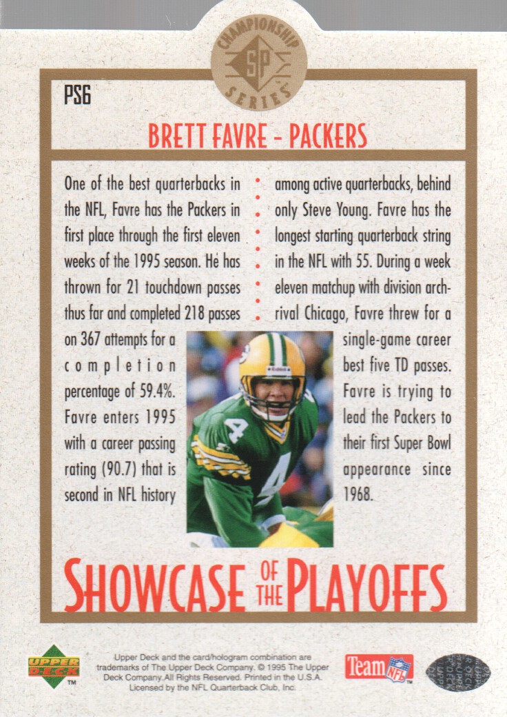 1995 SP Championship Playoff Showcase Die Cuts #PS6 Brett Favre back image