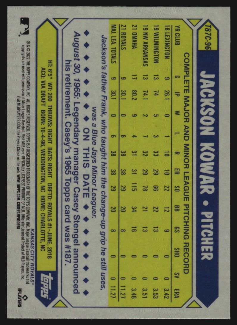 2022 Topps '87 Topps Silver Pack Chrome #T87C96 Jackson Kowar