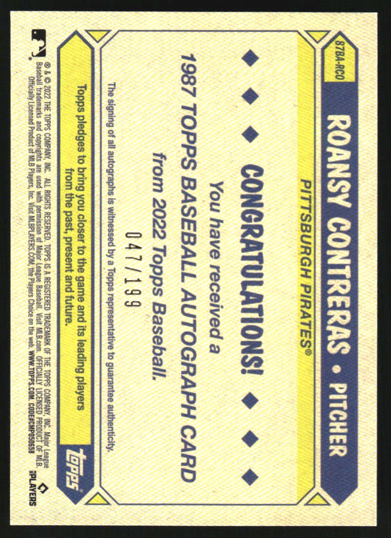 2022 Topps '87 Topps Autographs Black #87BARCO Roansy Contreras