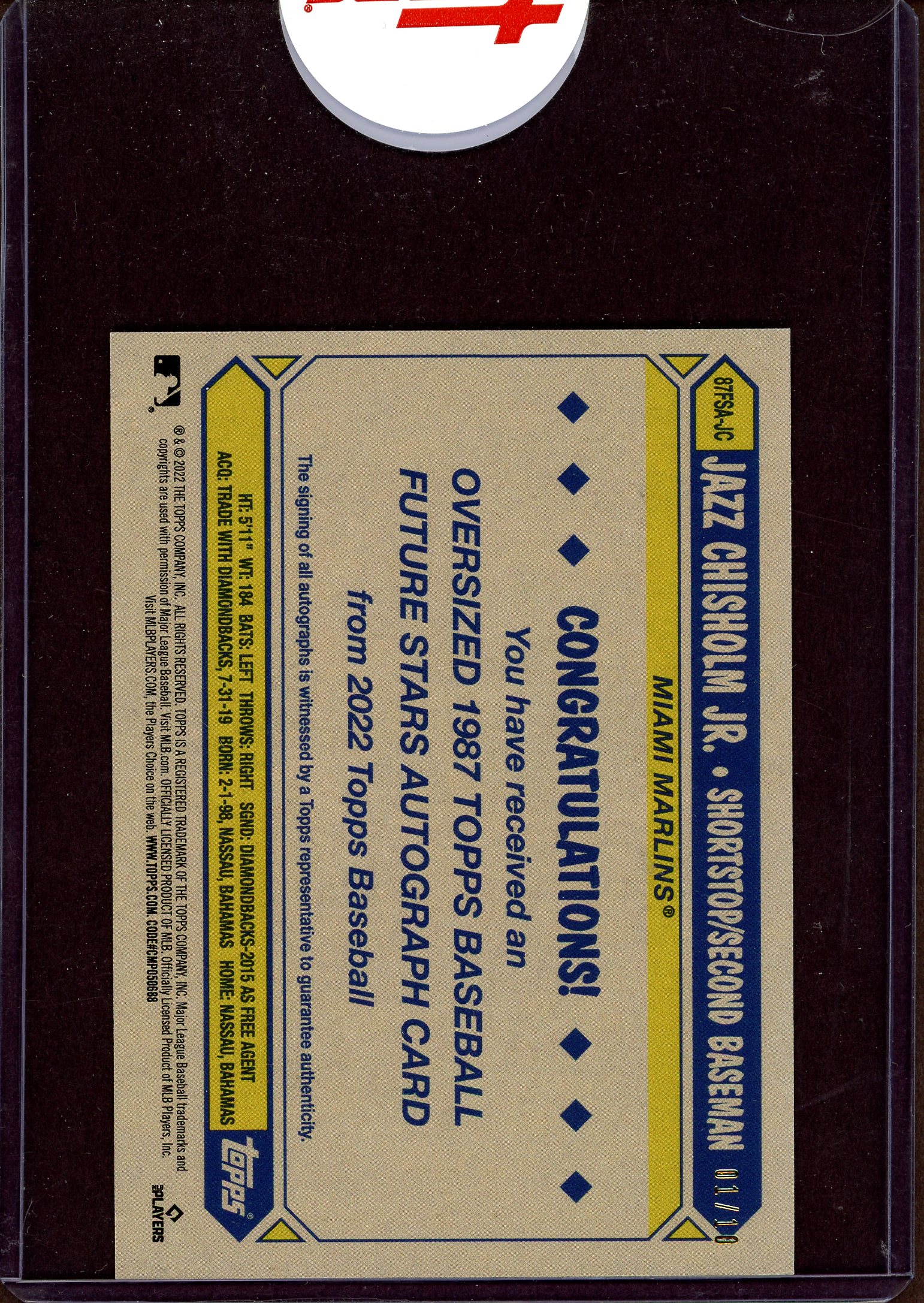 2022 Topps Oversized '87 Topps Future Stars Autographs #87FSAJC Jazz Chisholm Jr. back image