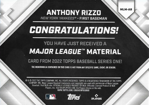 2022 Topps Major League Materials #MLMAR Anthony Rizzo back image