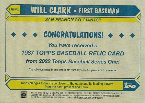 2022 Topps '87 Topps Relics #87RWCL Will Clark back image