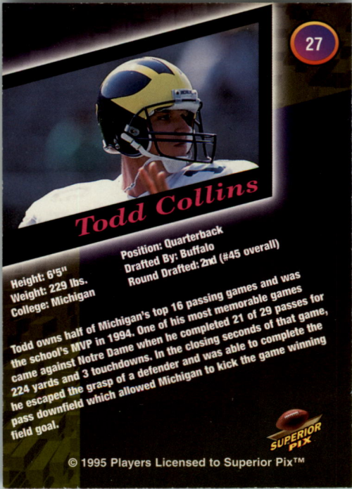 1995 Superior Pix Autographs #27 Todd Collins/5000 back image