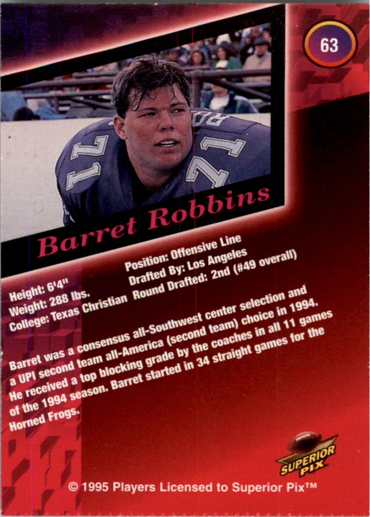 1995 Superior Pix Autographs #63 Barrett Robbins/6000 back image