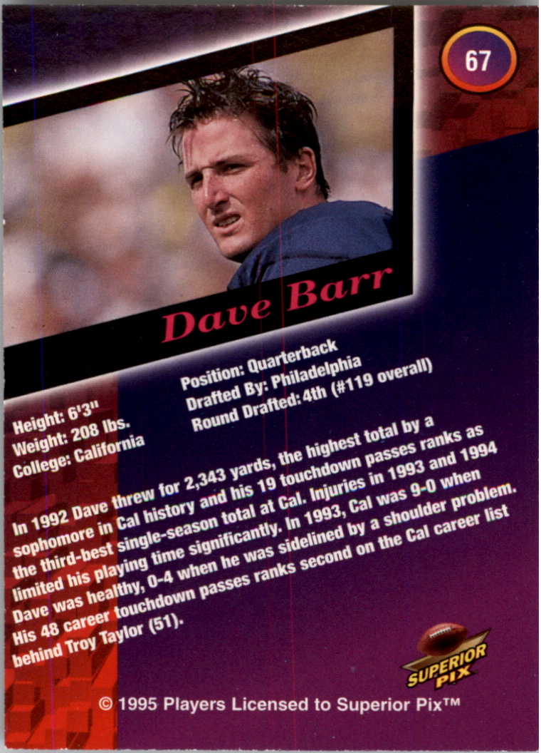 1995 Superior Pix Autographs #67 Dave Barr/5000 back image