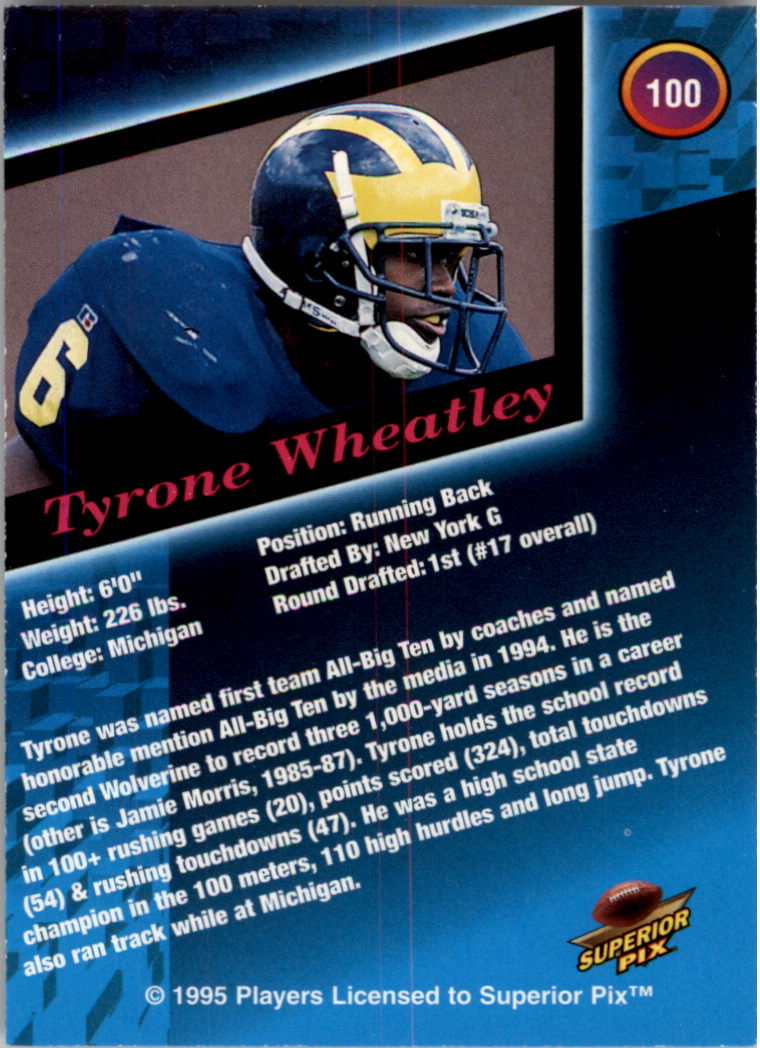 1995 Superior Pix Autographs #100 Tyrone Wheatley/6500 back image