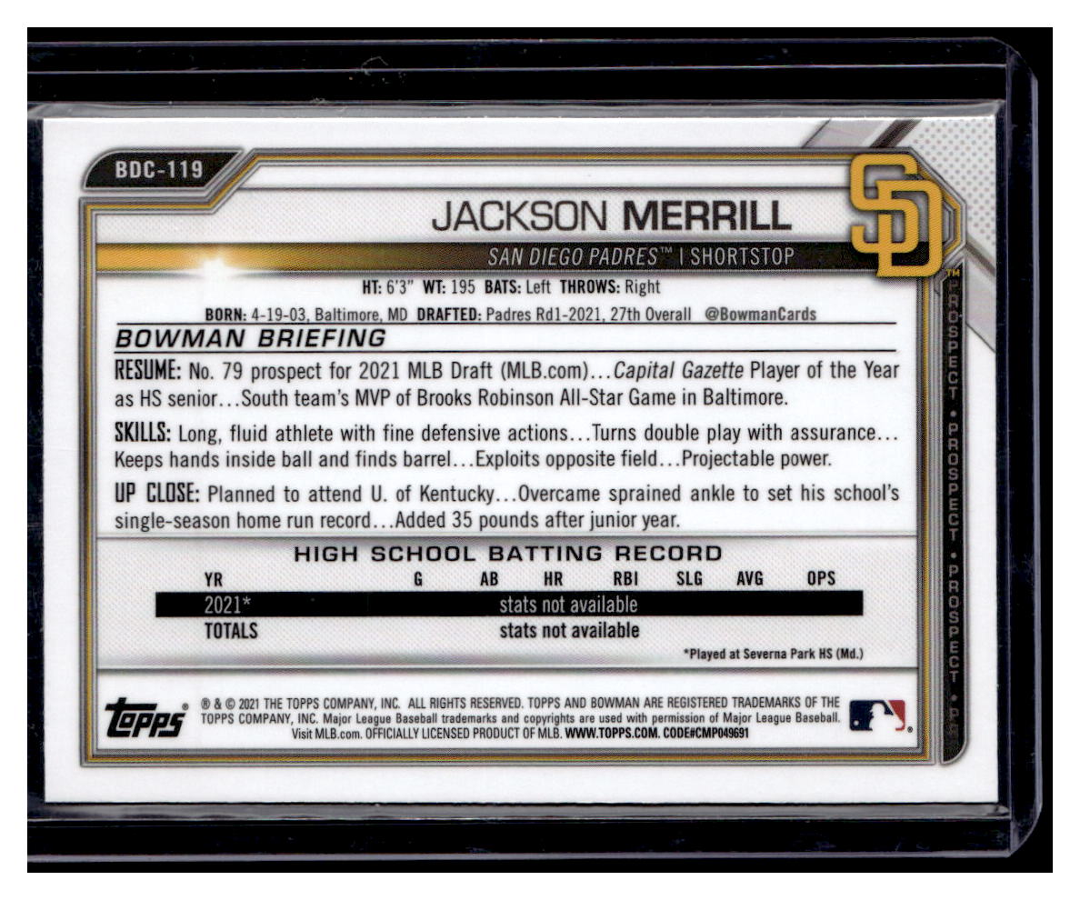 2021 Bowman Chrome Draft Sapphire #BDC119 Jackson Merrill back image