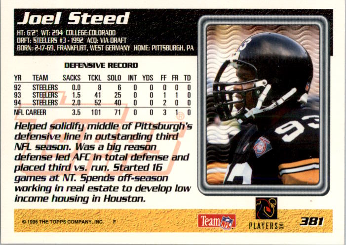 Joel Steed 1995 Topps Football Card #381 - Pittsburgh Steelers at