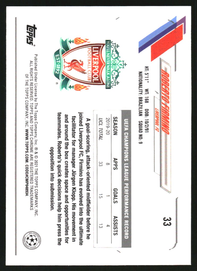 2020-21 Topps Chrome X Steve Aoki UEFA Champions League Neon Future #33 Roberto Firmino