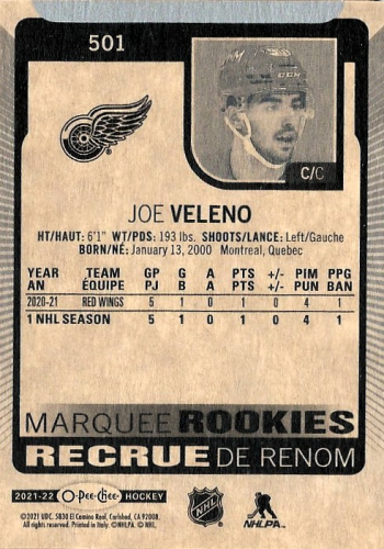2021-22 O-Pee-Chee #501 Joe Veleno RC back image